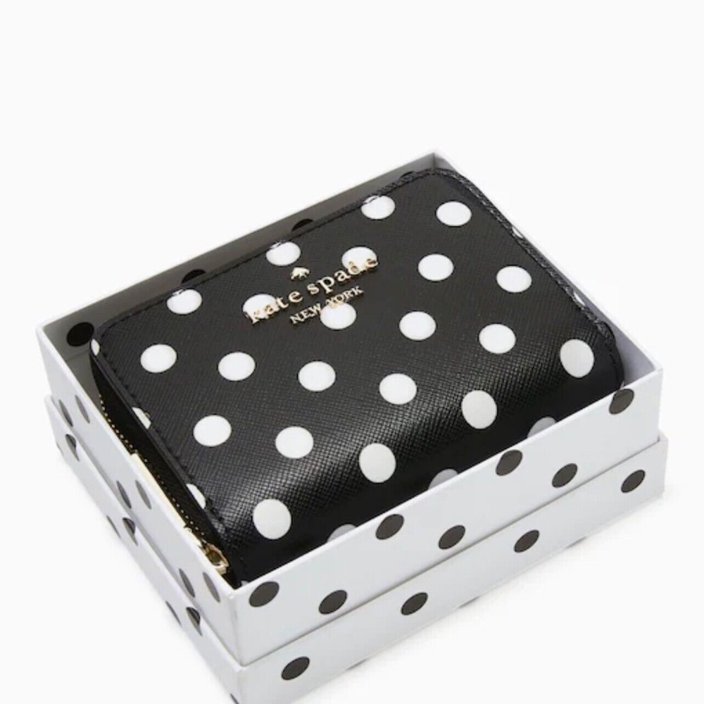 Kate Spade Cheers Boxed Small Zip Around Card Case Black Charming Dots K7238